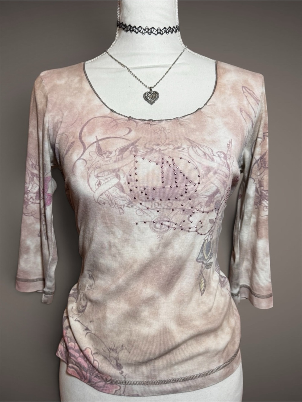 VINTAGE WHIMSY GOTH LONG SLEEVED TOP ANGEL PRINT 🤍